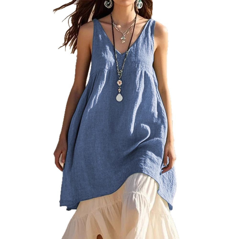 Fashion Sleeveless Cotton Linen Solid Color And V-neck Beach Dress