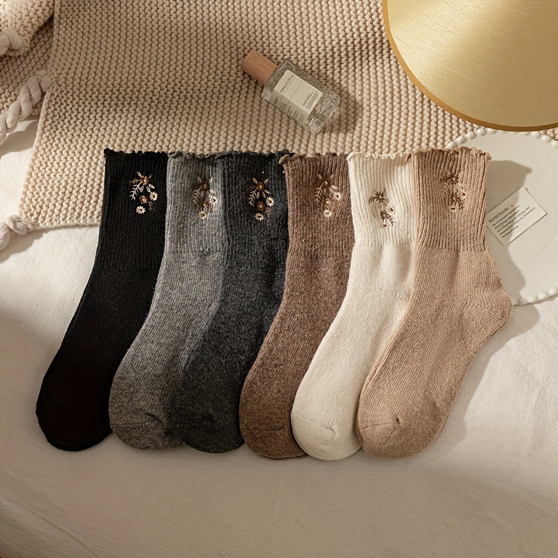 6 Pairs Floral Embroidery Socks, Comfy & Soft Lettuce Trim Socks, Women's Stockings & Hosiery