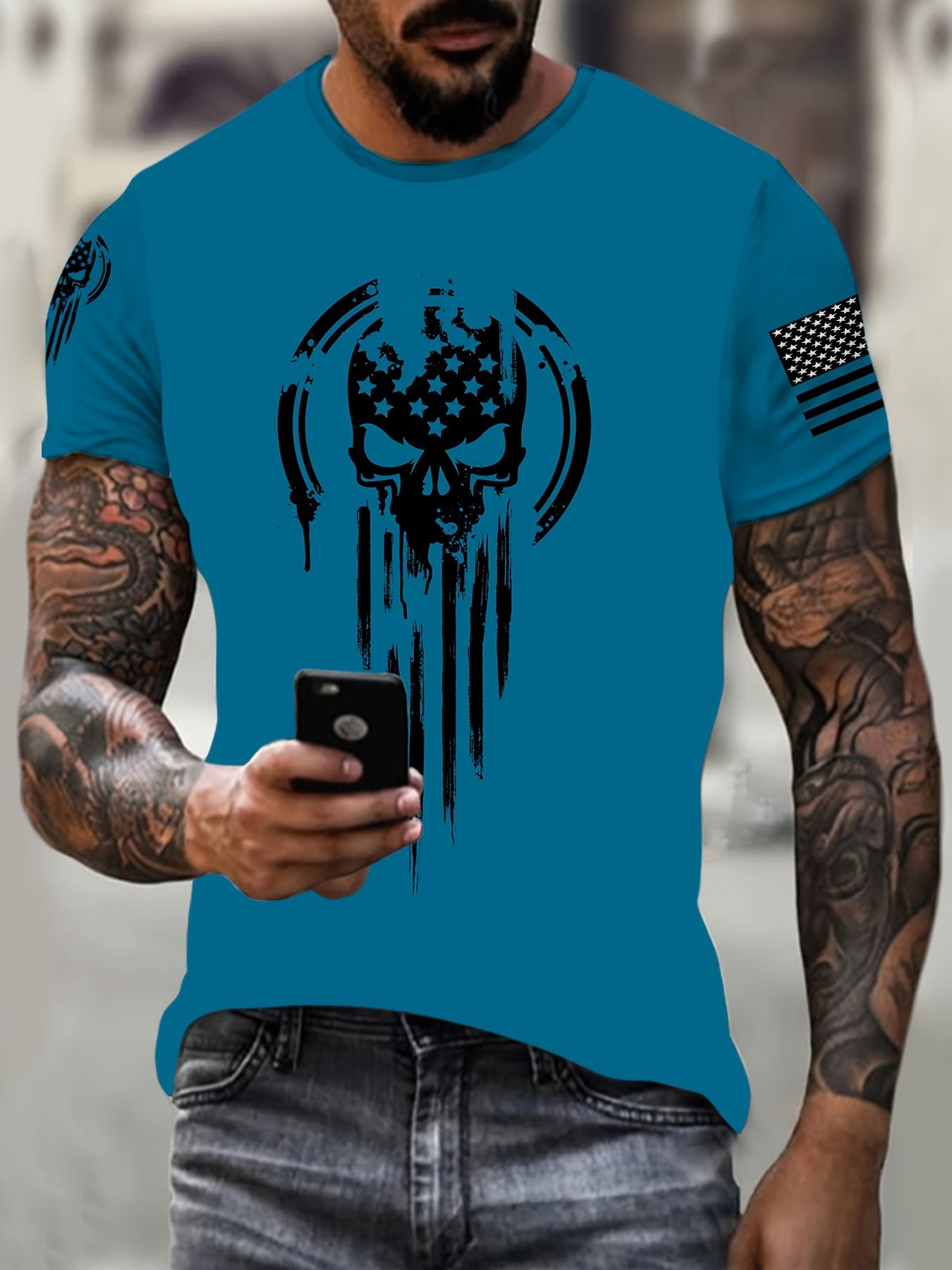 Men's 3D American Warrior Skull Military Print T-Shirt – Casual Sports Crew Neck, Polyester Knit with Slight Stretch - Premium T-Shirts from Lizard Vigilante - Just $29.99! Shop now at Lizard Vigilante