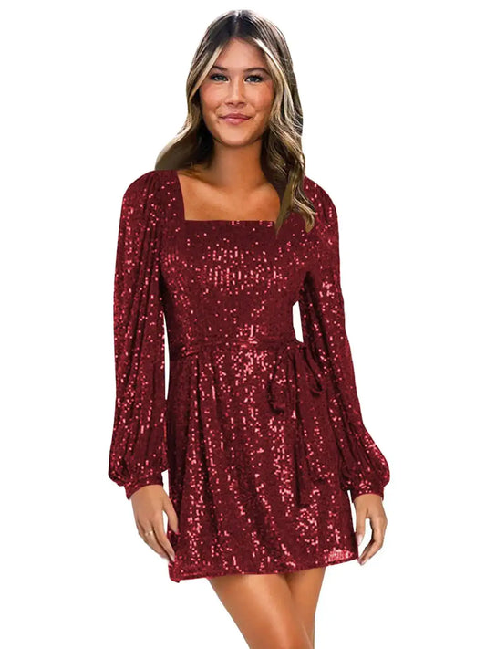 CDSSL Burgundy Sparkly Sequin Homecoming Dresses with Sleeves Short Square Neck Mini Formal Dresses for Teens Prom Cocktail Dresses for Women Size 6