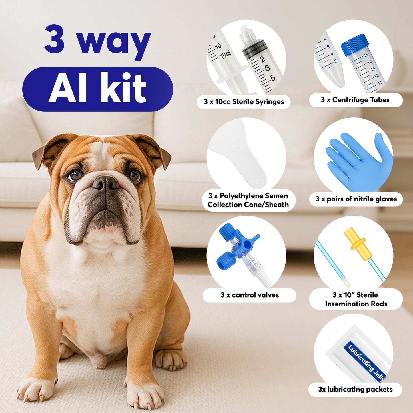 3-Way Canine Breeding Kit – Complete Set for Semen Collection and Insemination with Collection Cones, Insemination Rods, Syringes, Tubes, Gloves, Valves & Lubricating Jelly