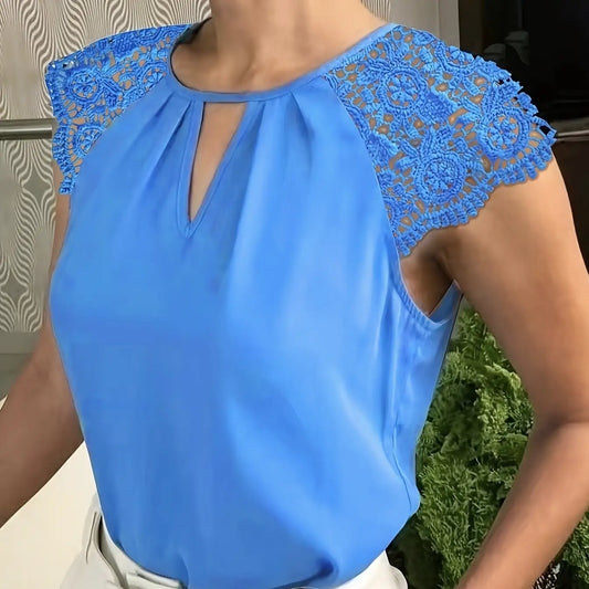 Women's Summer Top With Contrasting Lace Buttonhole Collar