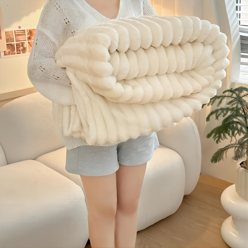 1pc Cozy Double-Sided 3D Rabbit Hair Blanket - Soft, Warm, and Fuzzy for Snuggling Up - Perfect for Office, Outdoor Camping, Sofa, and Gift Giving