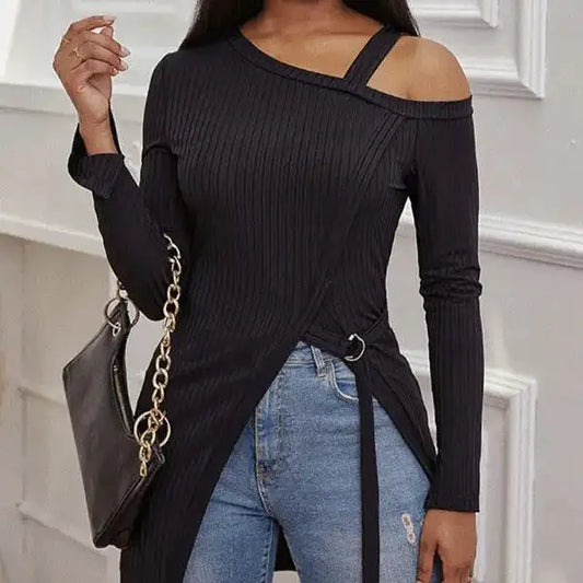 Ladies' Fashion Trend Asymmetrical High Neck Top, Casual Business Versatile, Solid Color Long Sleeved Clothes