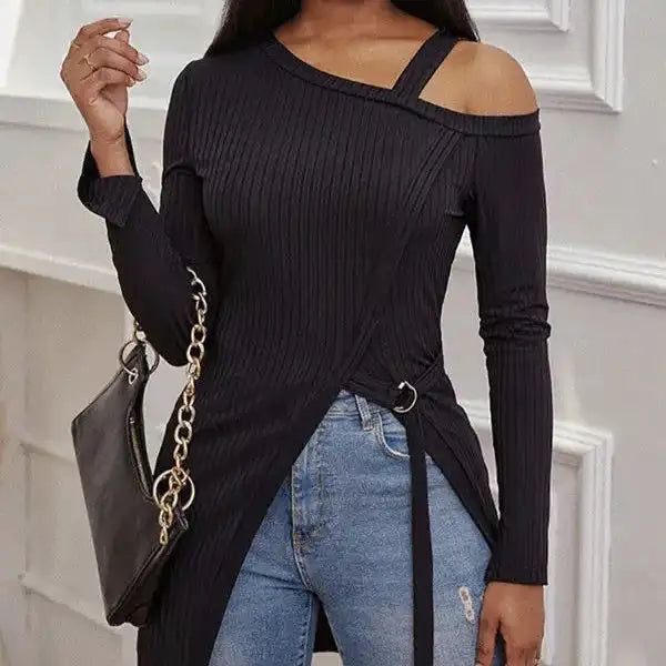 Ladies' Fashion Trend Asymmetrical High Neck Top, Casual Business Versatile, Solid Color Long Sleeved Clothes