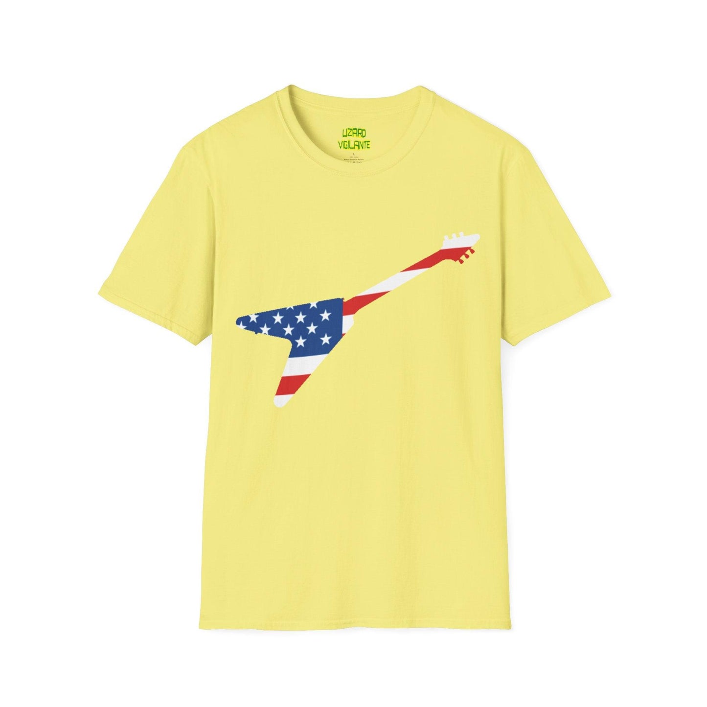 American Flag Colored Flying V Electric Guitar Unisex Softstyle T-Shirt - Lizard Vigilante