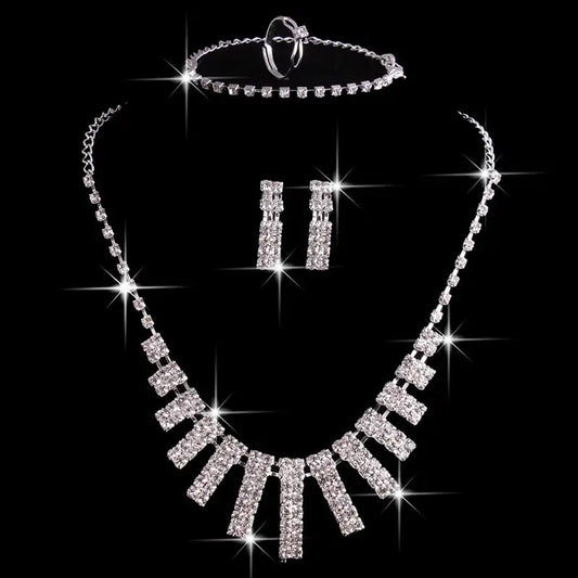 4 Pieces Rhinestones Necklace Set With Earrings Ring And Bracelet Fashion Jewelry For Women