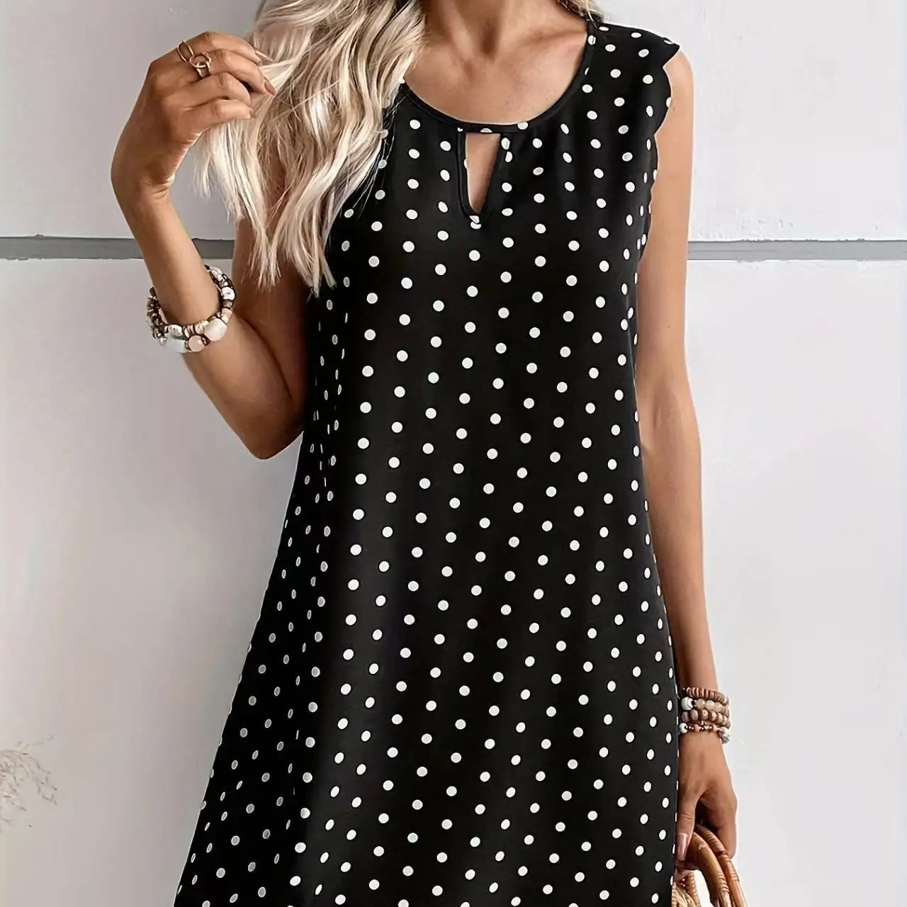 Ladies' Fashionable Casual Pullover Polka Dot Dress With Hollowed Out Collar And Round Neck Wavy Edge Skirt