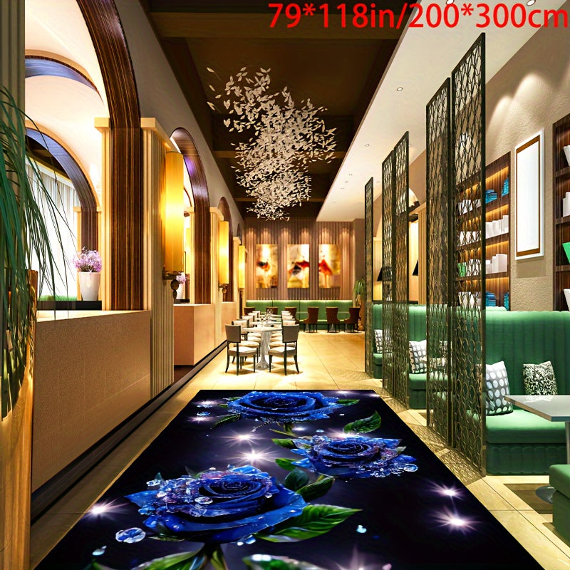 Crystal Velvet Romantic Valentine's Day Blue Fairy Rose Earth Blanket Area Rug Hotel Living Room Bedroom Soft Carpet Machine Washable Non-slip Backing Office Entryway Indoor Decorative Carpet Floor Mat For Hotel/Restaurant/Of