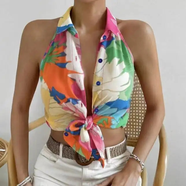 Ladies' Colorful Floral Print Sleeveless Vacation Style Loose Chiffon Shirt
