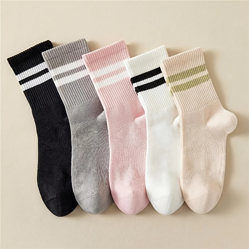 5 Pairs Striped Print Socks, College Style Sports Mid Tube Socks, Women's Stockings & Hosiery