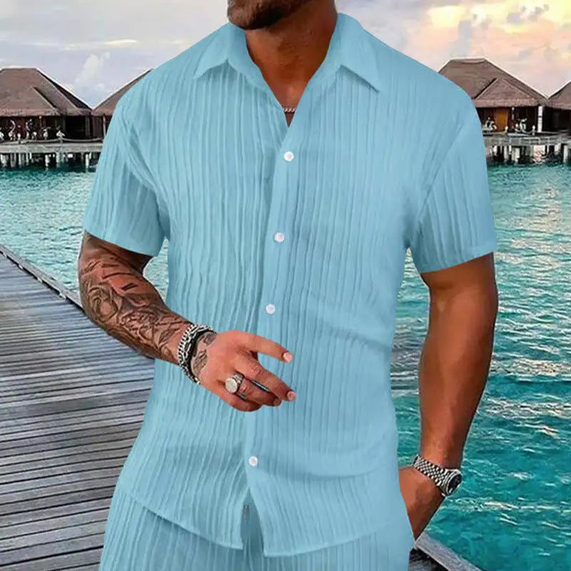 Polo Collar Solid Color Short Sleeve Button Men's Casual Loose Short Sleeves Shirt