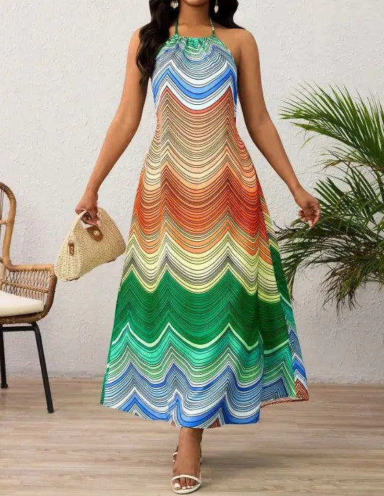 Ladies' Neck Hanging Peacock Element Printed Casual Dress