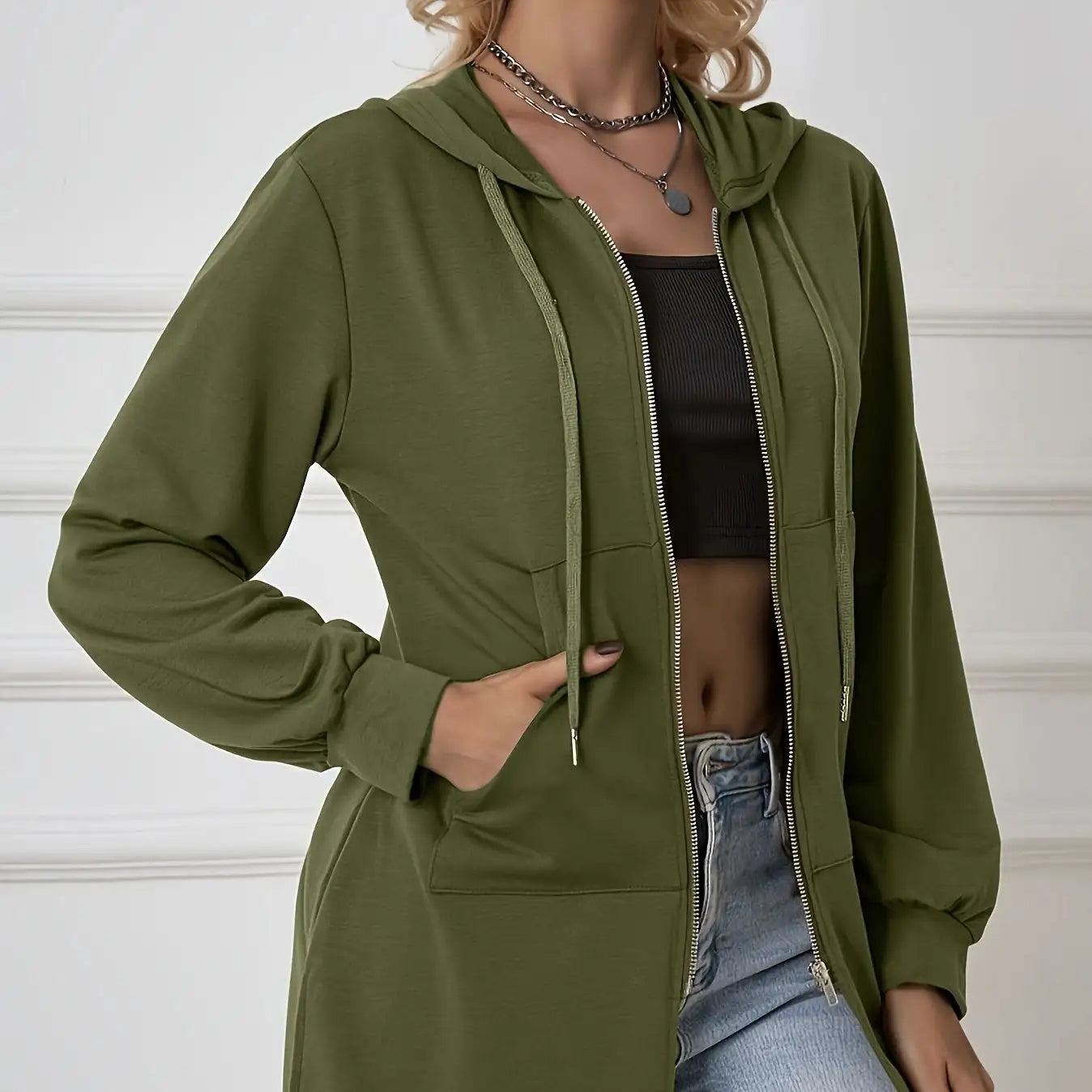 Women's Military Green Casual Sports Hooded Sweatshirt With Drawstring Zipper Jacket, Lightweight Top