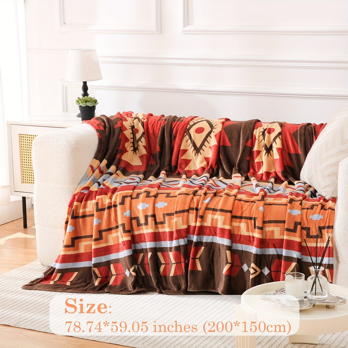 1pc Southwest Native American Flannel Polyester Throw Double-side Printed Blanket, Aztec Geometry Pattern Travel Couch Bed Blanket Plush Soft Lightweight Blanket For All Season