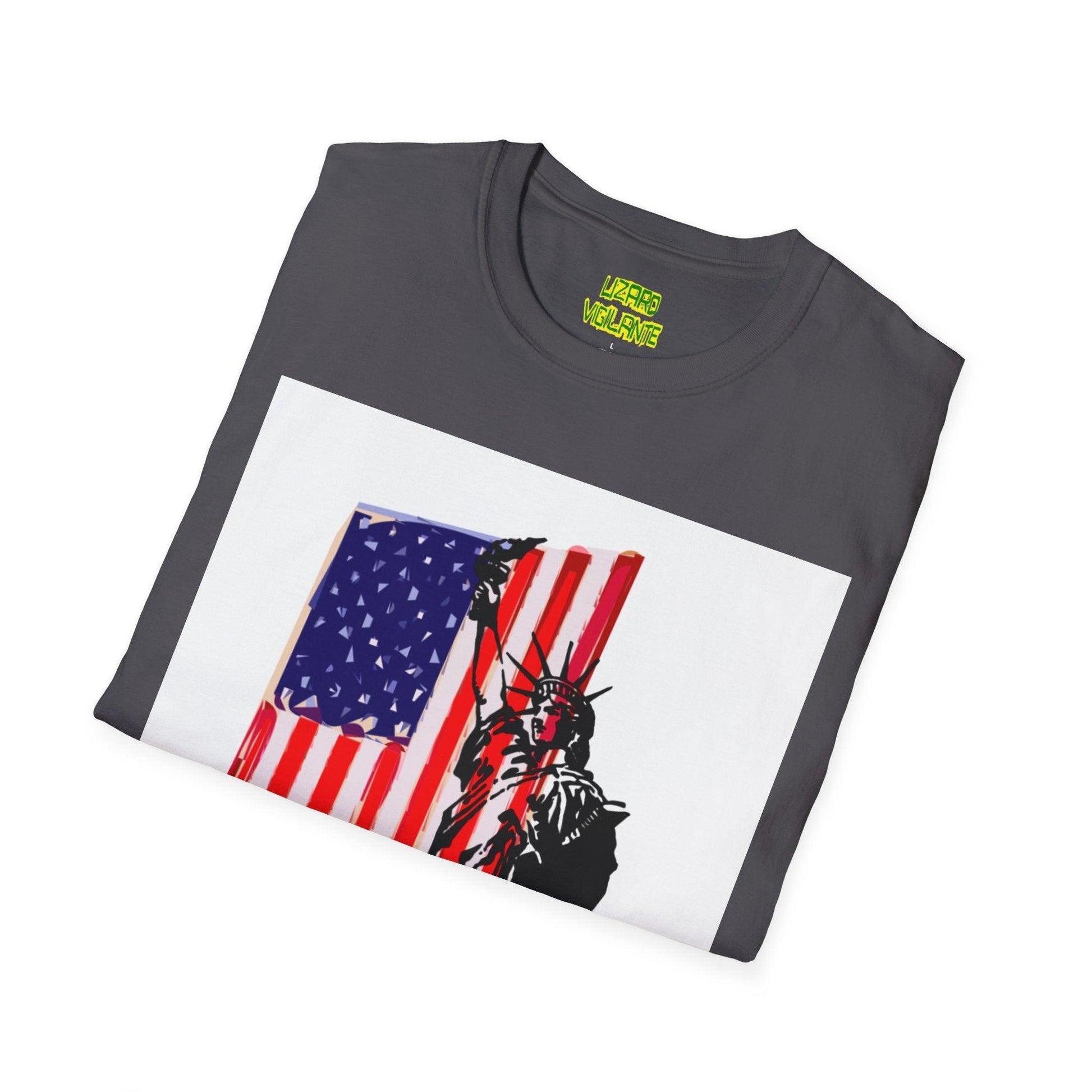 American Flag With Statue of Liberty Graphic Unisex Softstyle T-Shirt - Lizard Vigilante