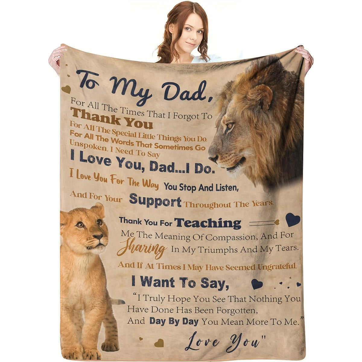 Creative Gift for Dad - Lion Design Soft Flannel Blanket with Loving Message, Cozy and Thoughtful Animal-Themed Decor