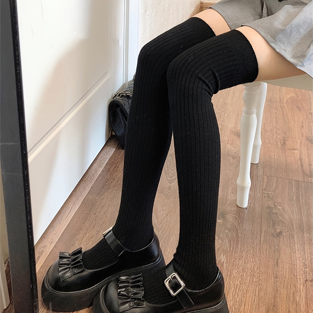 Women's Solid Ribbed Over-the-Knee Socks, Comfy & Warm Thicker Thigh High Socks