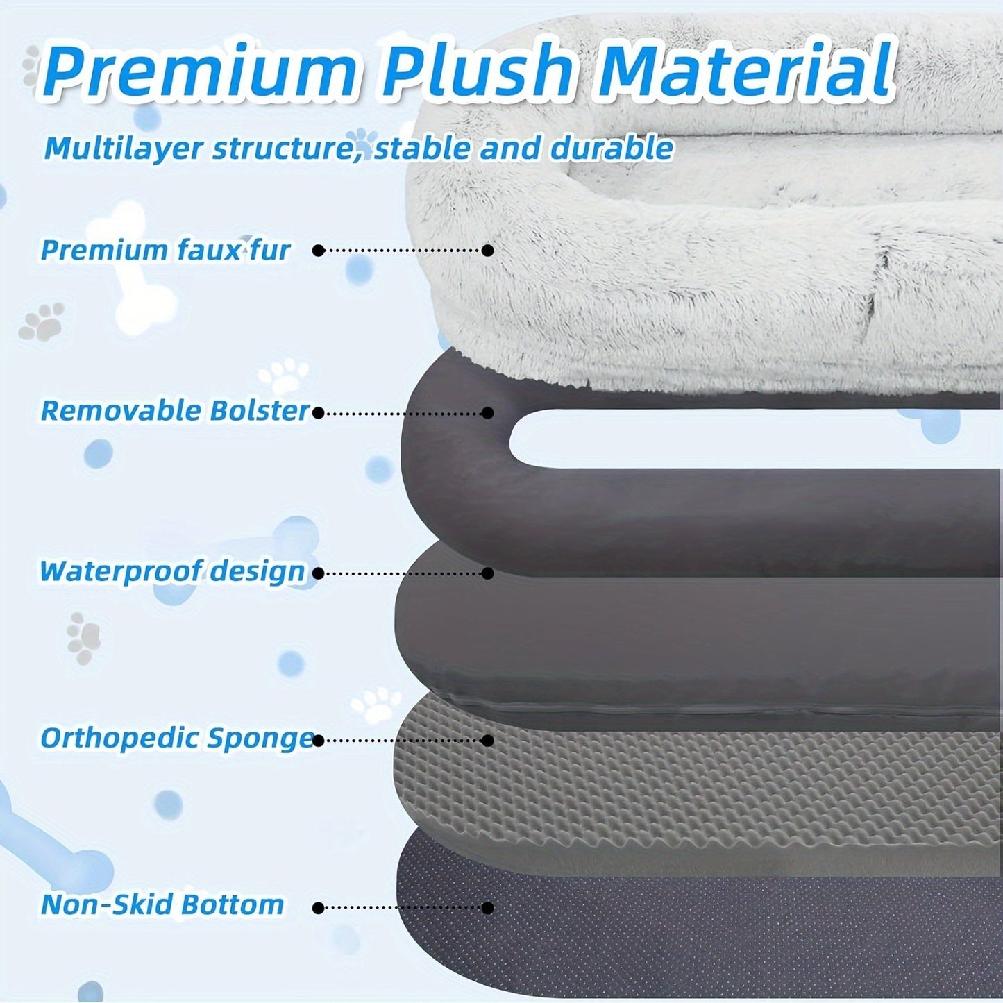 Orthopedic Human Dog Bed 71"x45"x12" Oval Washable Faux Fur Pet Bed with Plump Pillow, Blanket & Strap - Non-Slip Spa Design for All Dog Sizes, Grey, Cozy Nap Spot, Cozy Aesthetic, Durable Polyester, Home Lounging