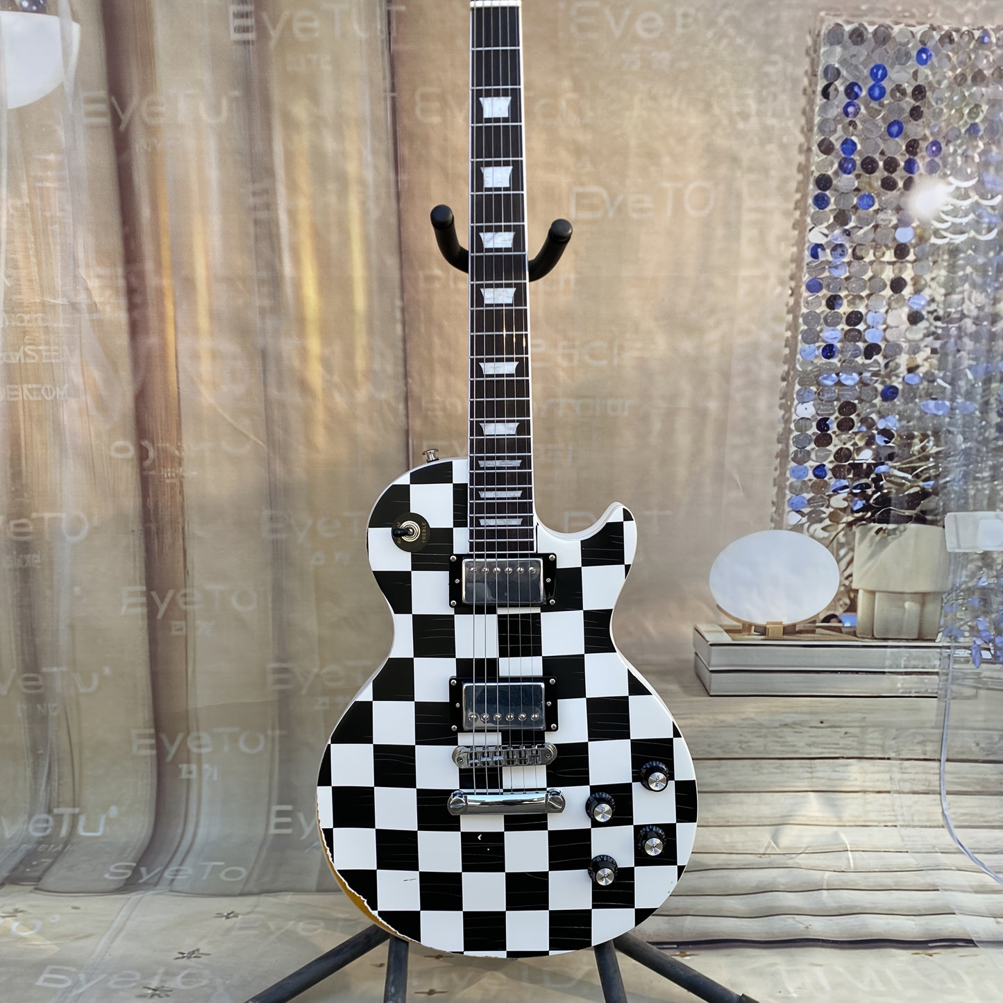 LP Electric Guitar – Black & White Chess Grid Design with Mahogany Build, H-H Pickups, and Tune-O-Matic Bridge - Premium guitar from Lizard Vigilante - Just $501.08! Shop now at Lizard Vigilante