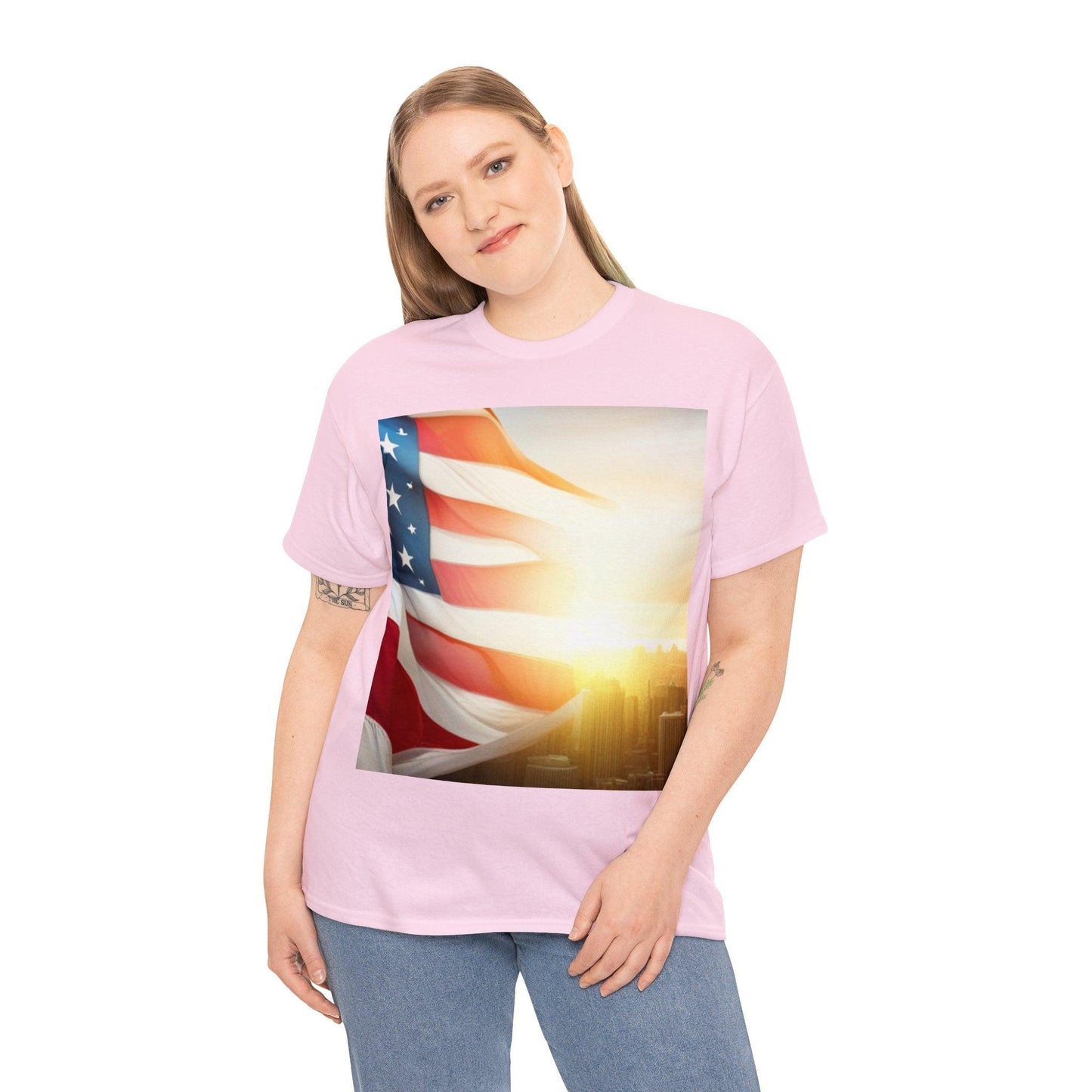 Patriot American Flag Over Gotham Unisex Heavy Cotton Tee / Red, White, and Blue Old Glory Sun T-Shirt - Lizard Vigilante