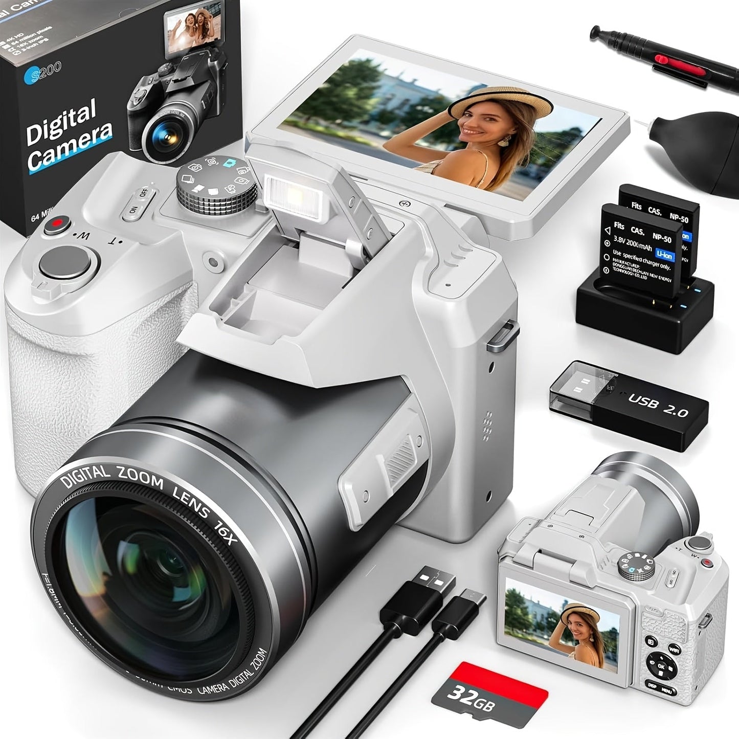 NBD 64MP Digital Camera for Photography, 5K Vlogging Camera for YouTube with 3" Flip Screen, 16X Digital Zoom, Autofocus, 2 Batteries, 32GB TF Card(S205, Black)