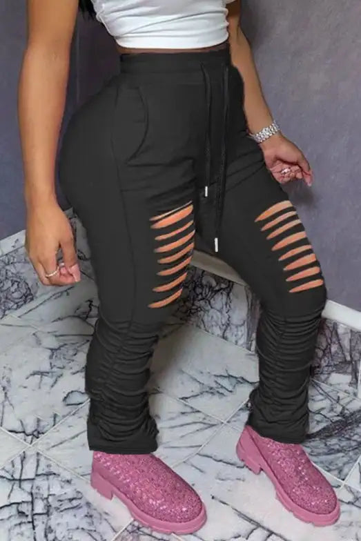 Ladies' Fashionable Casual Solid Color Autumn And Winter Perforated Pants