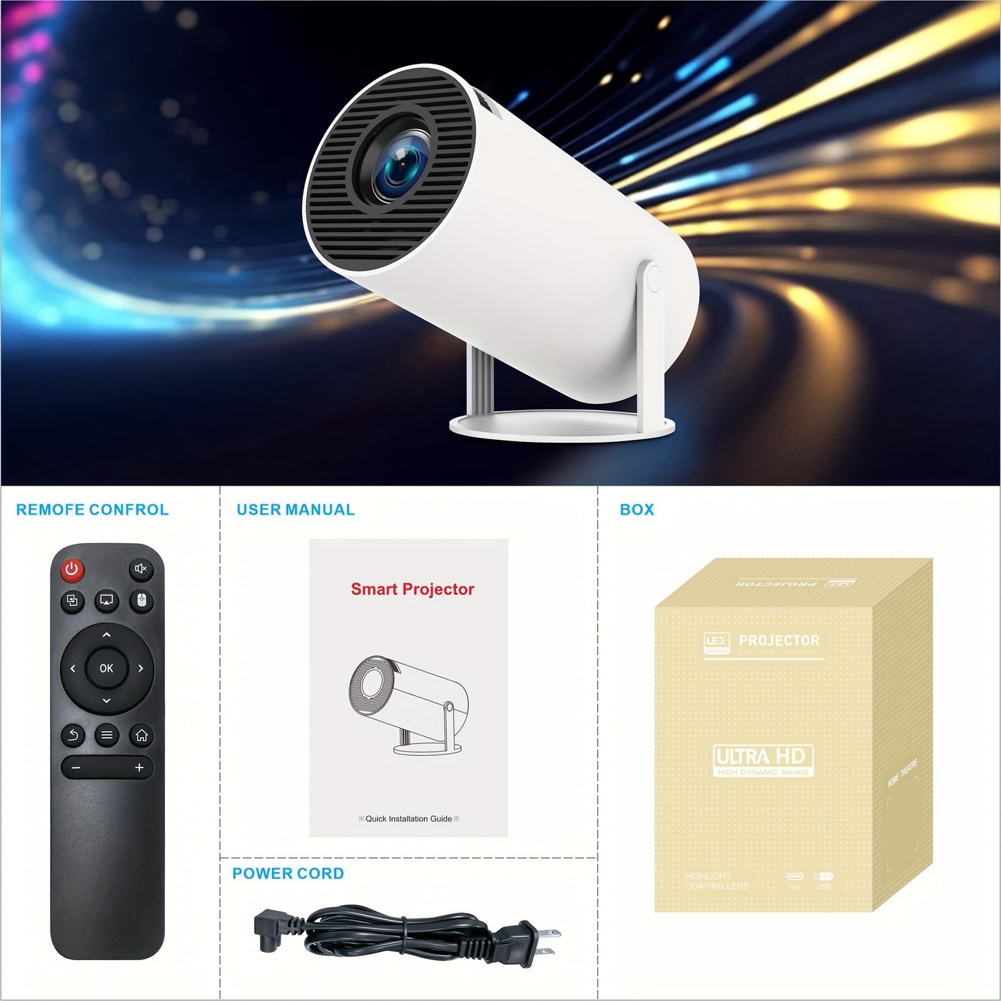 HY300 Pro Mini Portable Projector, 4K/260 ANSI Smart Projector With WiFi 6 BT 5.0, Screen Adjustment, 180 Degree Rotation, Home Video Projector Built-in Android 11.0 OS - Premium  from Lizard Vigilante - Just $68.99! Shop now at Lizard Vigilante