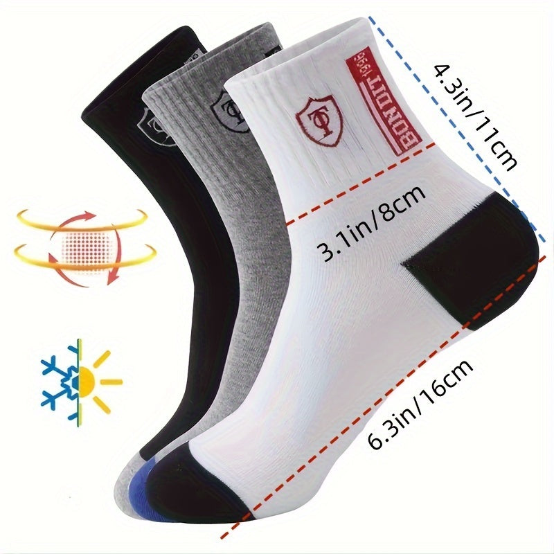 5 Pairs Men'S Athletic Crew Socks, Moisture-Wicking Knit Fabric, Solid Color, Polyester 75%, Spandex 25%, with Embroidered Badge, for Hand Wash Only, Sweat-Resistant