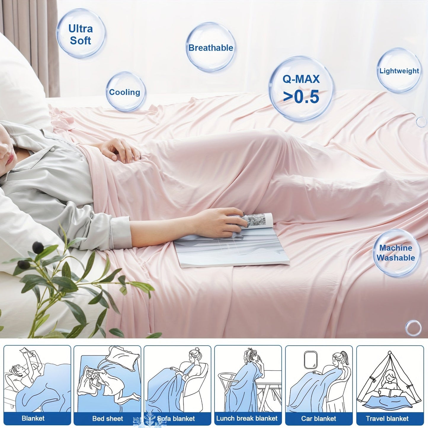 Cooling Blanket For Hot Sleepers - Soft, Breathable, Lightweight, Portable Silky Durable Single Layer Throw With Reversible Design, Ideal For Home Office Travel Car, Summer Use, Machine Washable - 1Pc