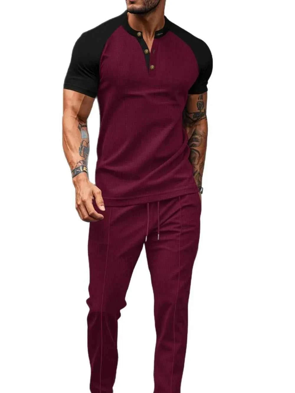 Men's Waffle-Knit Top & Drawstring Pants Set, Comfortable Men's Half Sleeve Tee