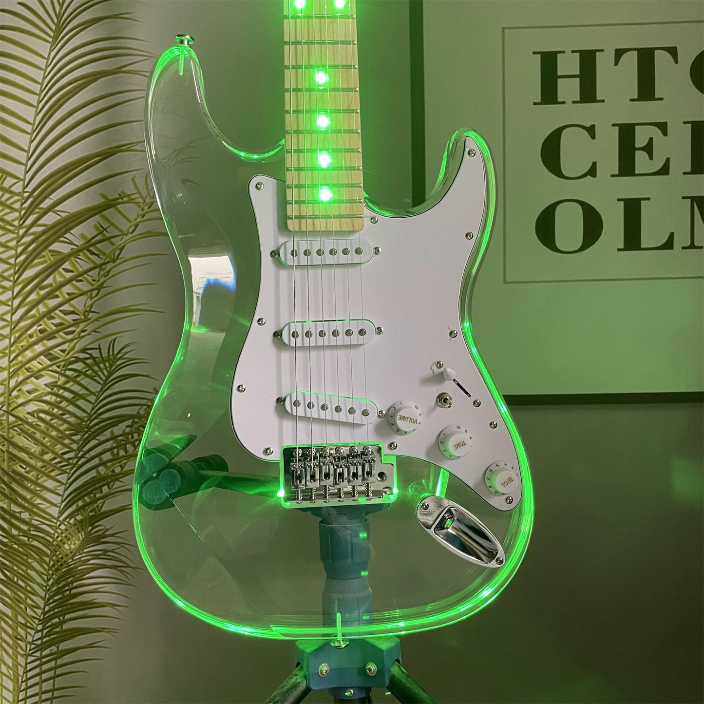 Transparent 6-String Solid Body Electric Guitar - 22 Frets, S-S-S Pickup, Acrylic Body, Green Light with White Pickguard - Premium electric guitar from dsers - Just $561.08! Shop now at Lizard Vigilante