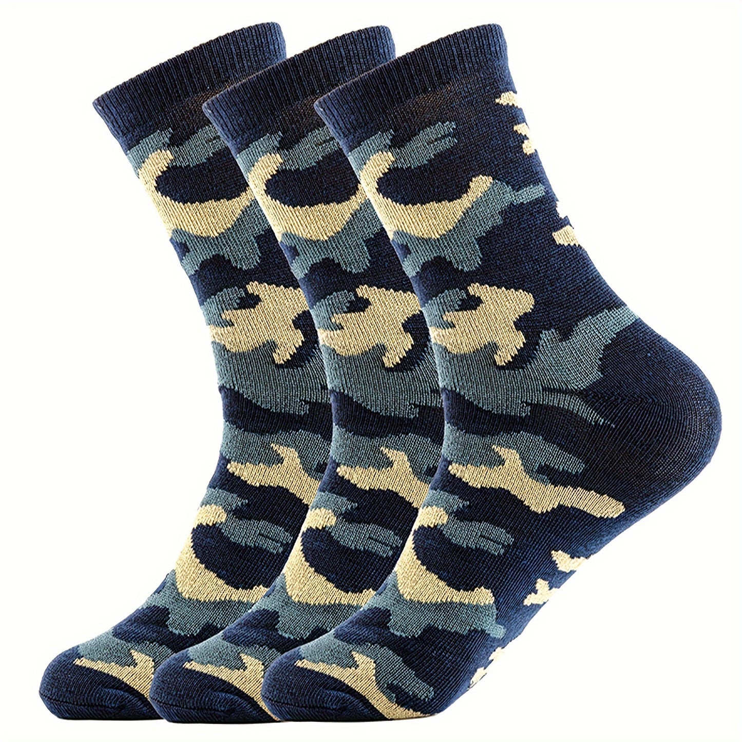 3 Pcs Men's Camo Sports Crew Socks - Durable, Stretchy, Ribbed Cuff for All Seasons