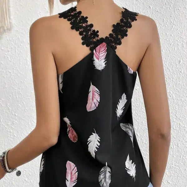Women's Printed Feather Pattern Design V-neck Fashionable Slimming Camisole Vest