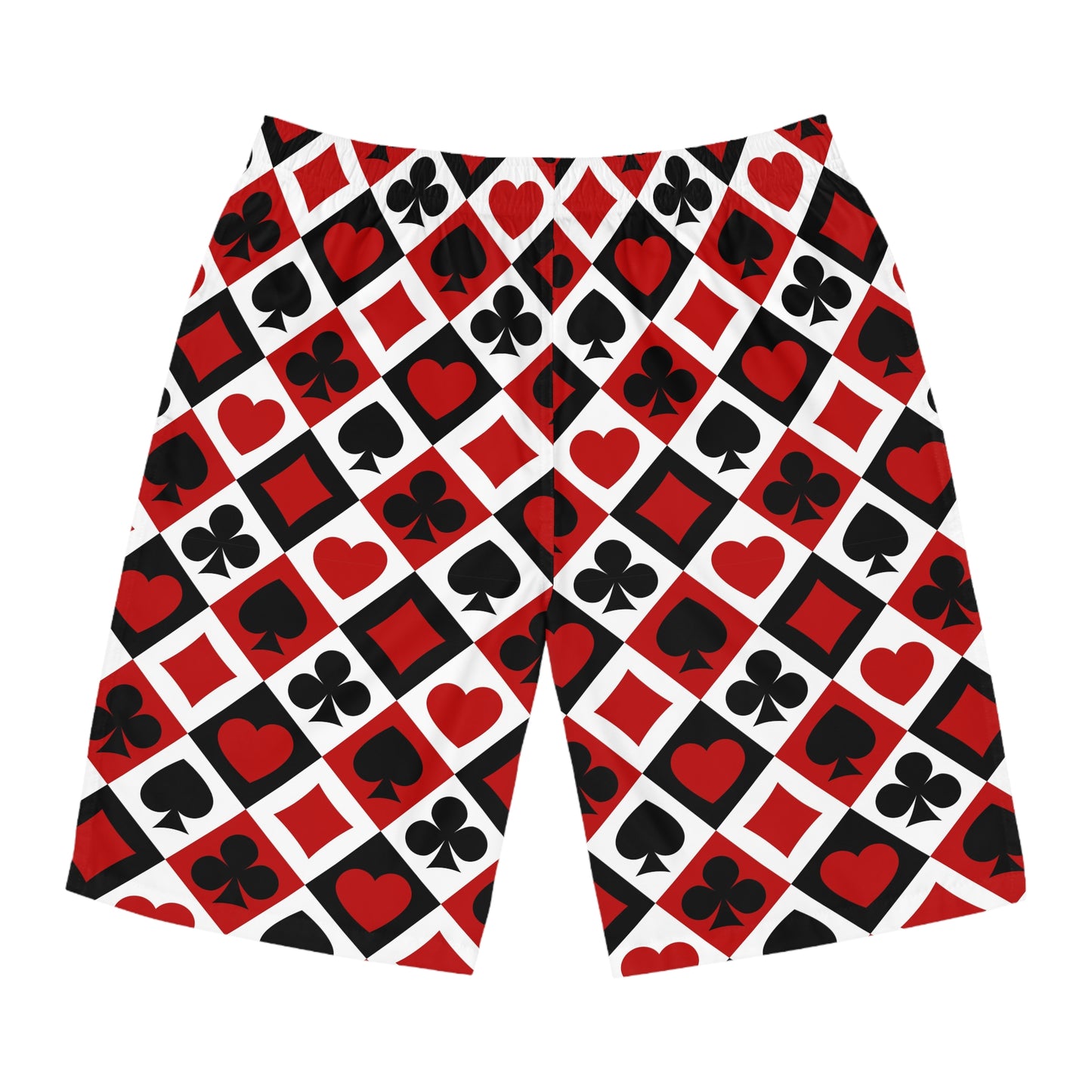 Card Suits Pattern Board Shorts — Red & Black Hearts, Clubs, Diamonds, Spades Swim Trunks