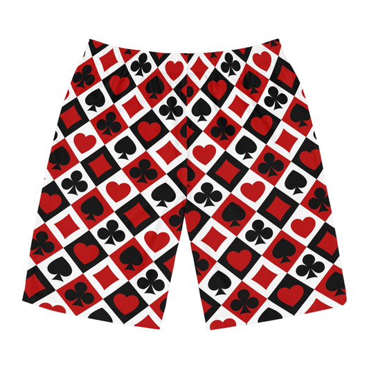 Card Suits Pattern Board Shorts — Red & Black Hearts, Clubs, Diamonds, Spades Swim Trunks