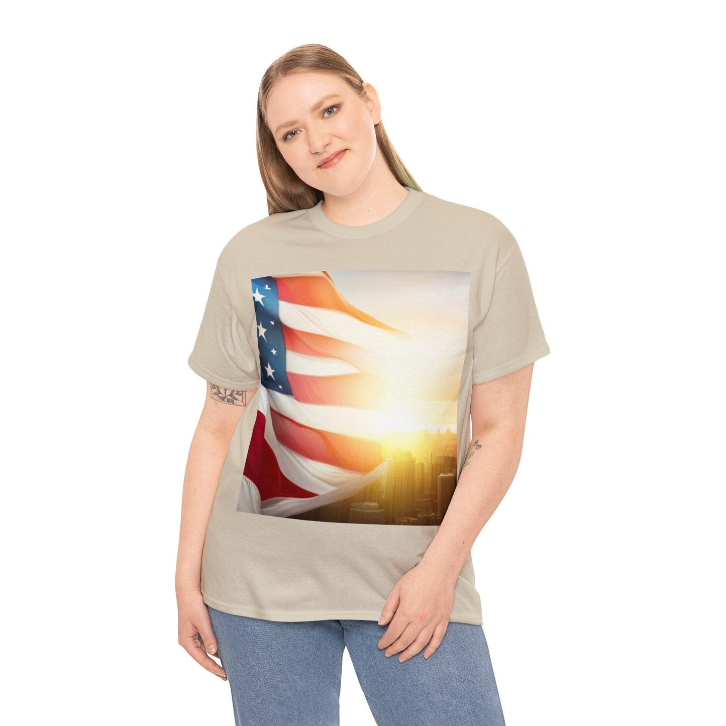 Patriot American Flag Over Gotham Unisex Heavy Cotton Tee / Red, White, and Blue Old Glory Sun T-Shirt - Lizard Vigilante