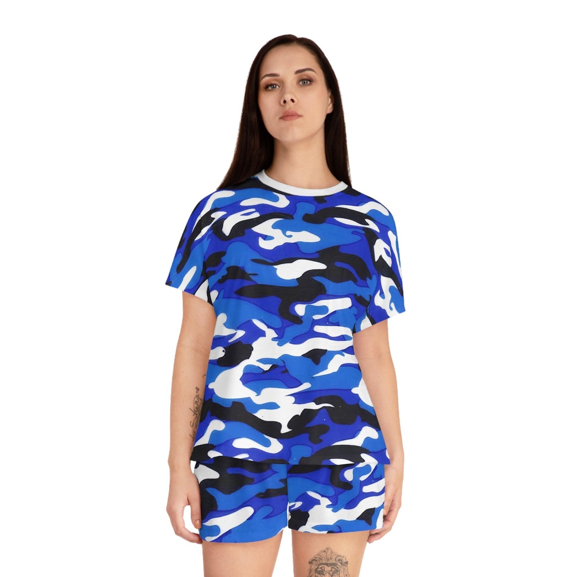 Blue Black Grey White Camouflage Women's Short Pajama Set - Lizard Vigilante