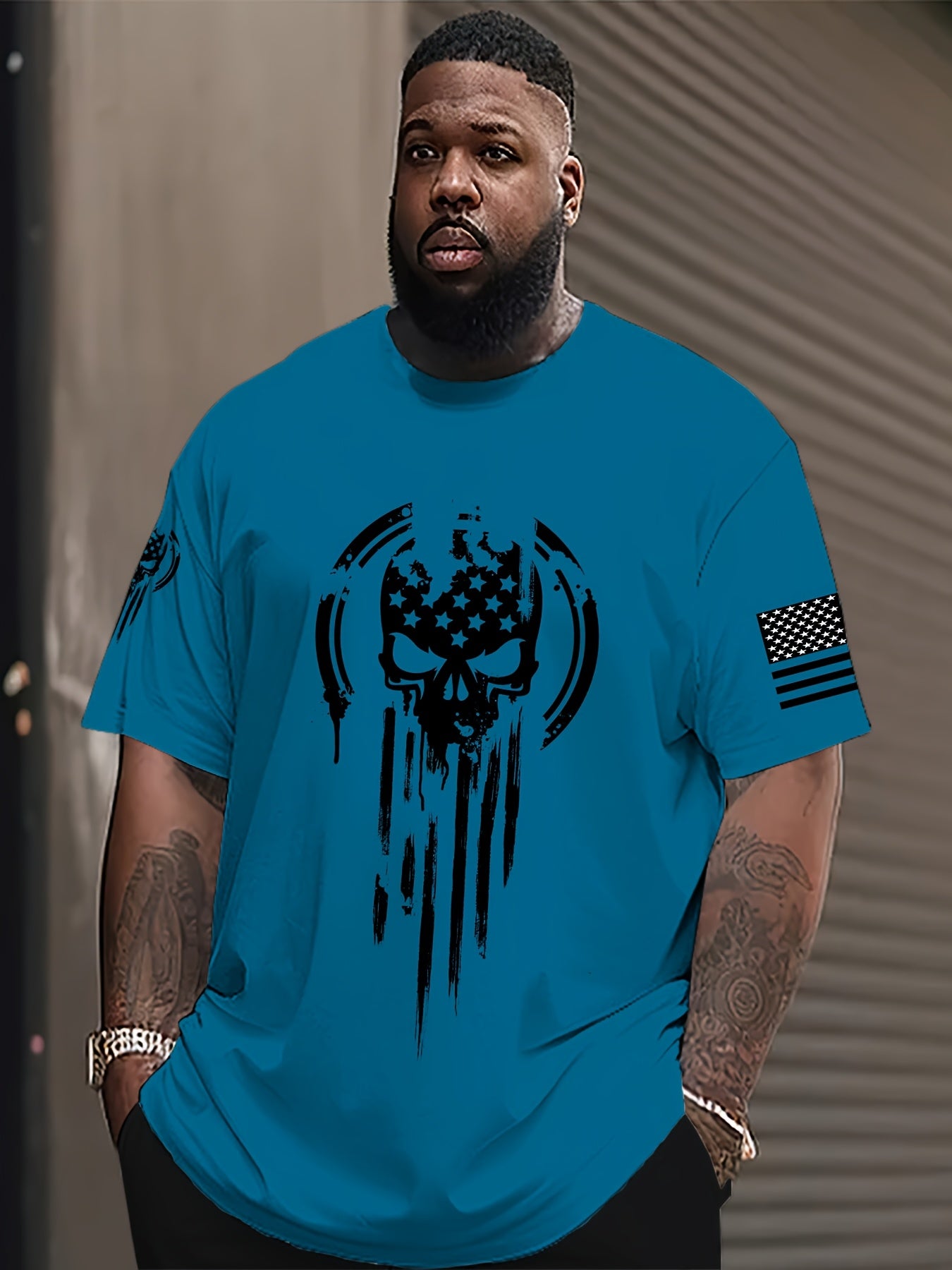 Men's 3D American Warrior Skull Military Print T-Shirt – Casual Sports Crew Neck, Polyester Knit with Slight Stretch - Premium T-Shirts from Lizard Vigilante - Just $29.99! Shop now at Lizard Vigilante