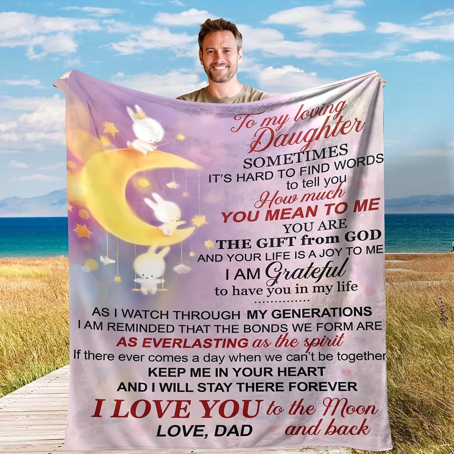 1pc To My Daughter Sentimental Message Throw Blanket, Soft Flannel Blanket With Moon Theme, Loving Gift From Dad For Indoor, Cozy Home Decor