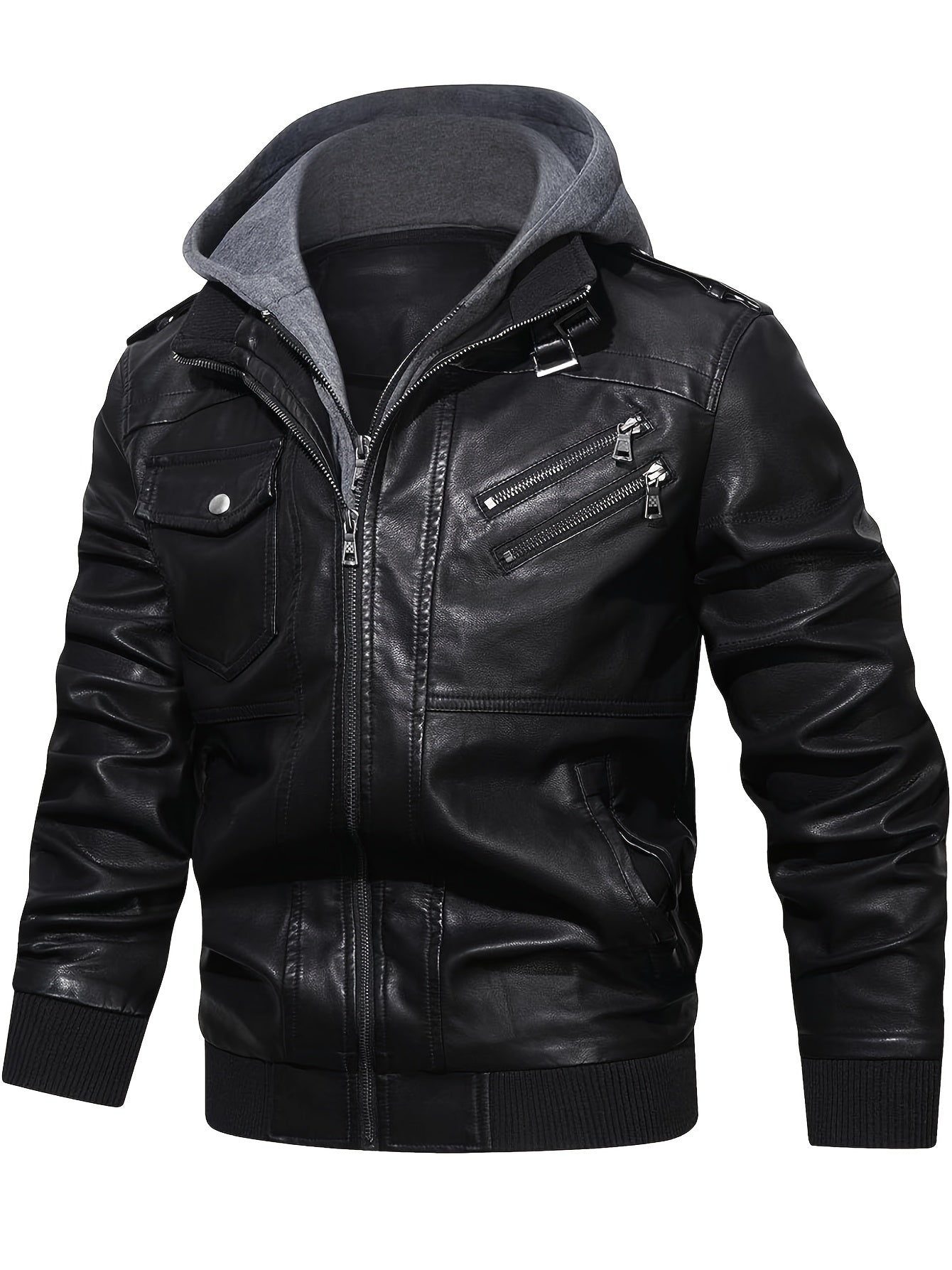 Men's PU Leather Hooded Jacket – Casual Zippered Long Sleeve with Pockets, Solid Color, Regular Fit - Premium jacket from Lizard Vigilante - Just $69.88! Shop now at Lizard Vigilante