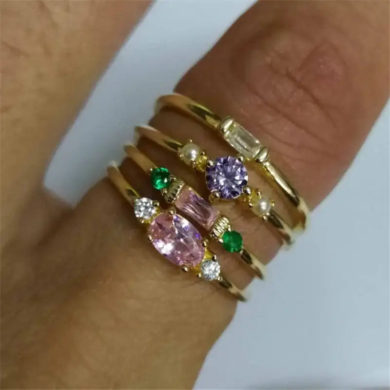 18K Gold Plating 4-piece Ring Set Simple Inlaid