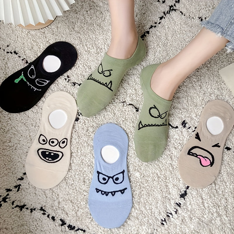 5 Pairs Cartoon Print Socks, Funny & Breathable Low Cut Ankle Socks, Women's Stockings & Hosiery
