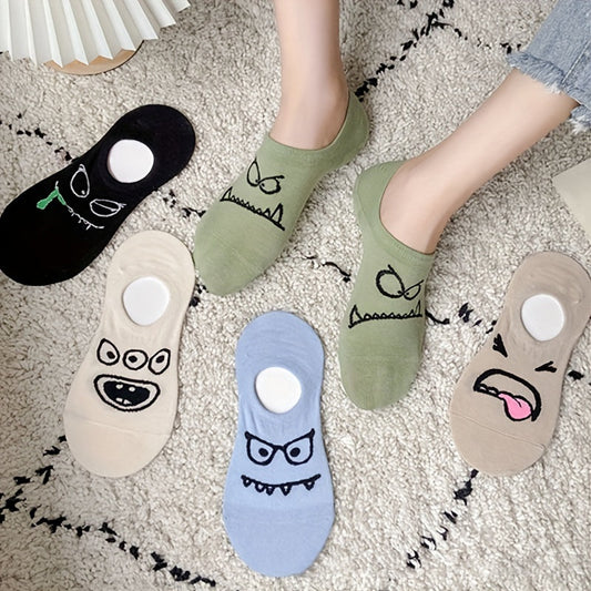 5 Pairs Cartoon Print Socks, Funny & Breathable Low Cut Ankle Socks, Women's Stockings & Hosiery