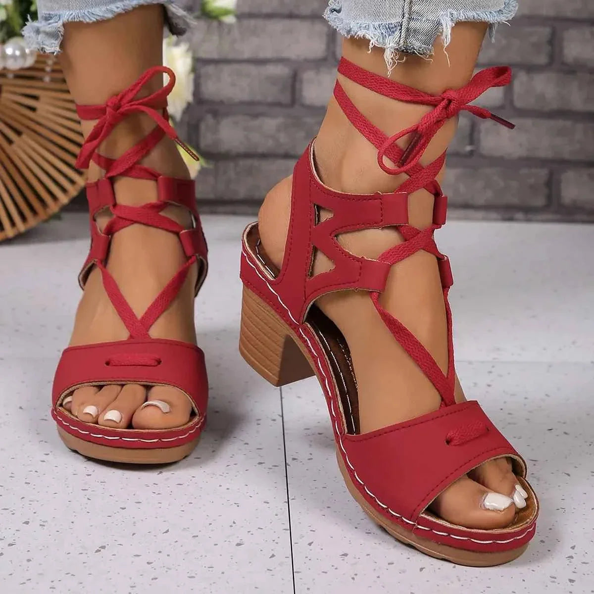 Elegant Heel Block : Lace-Up Sandals