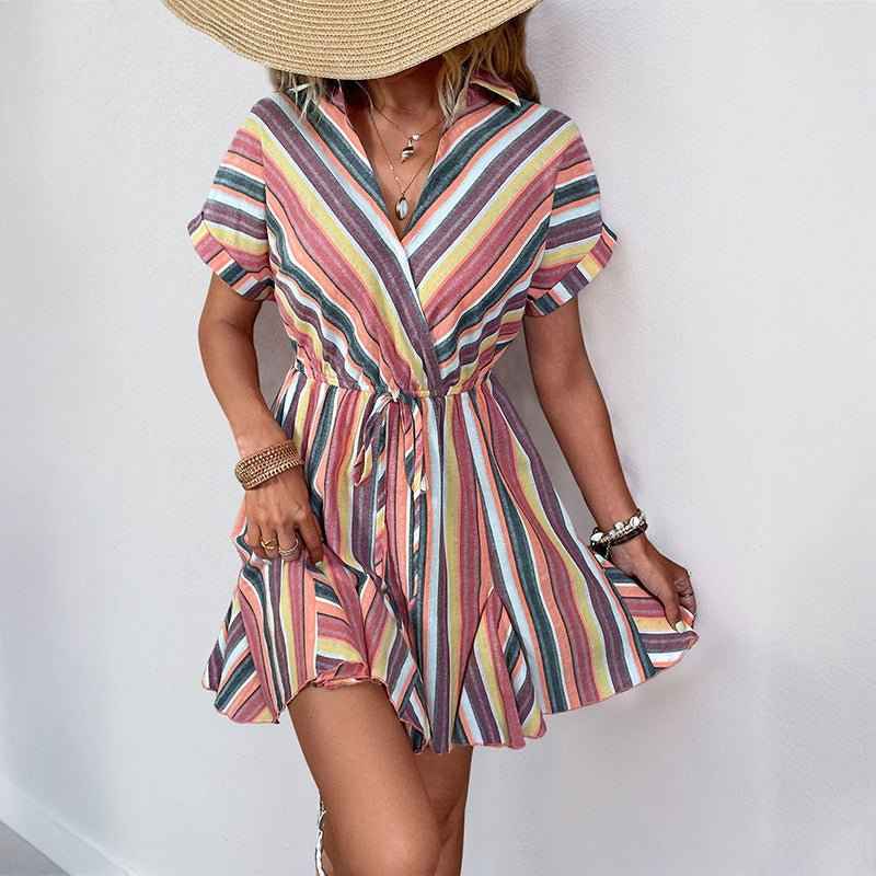 European Ruffle Striped Dress