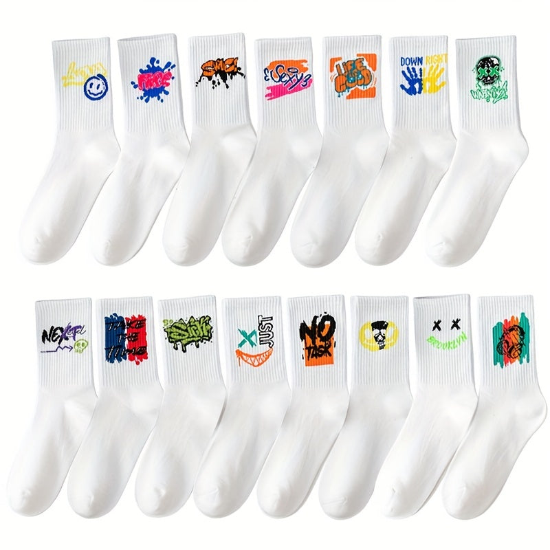 3/6/8/10/12 Pairs Of Medium Length Socks With Graffiti And Spray Painting For Personalized Fashion, Comfort, And Durability