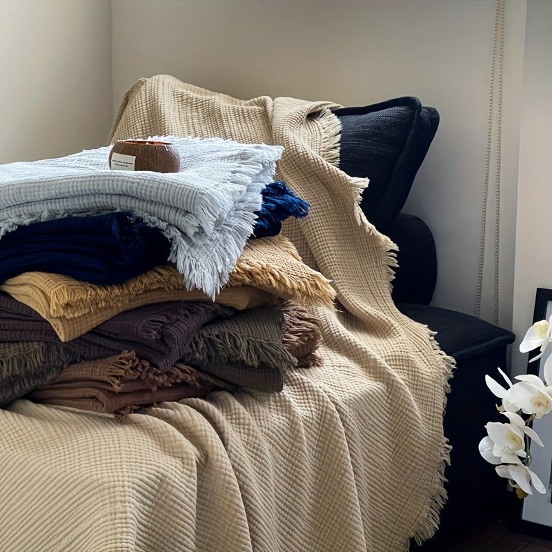 1pc Cotton Crinkle Tassel Blanket Solid Color Nap Blanket Leisure Travel Sofa Bed Blanket