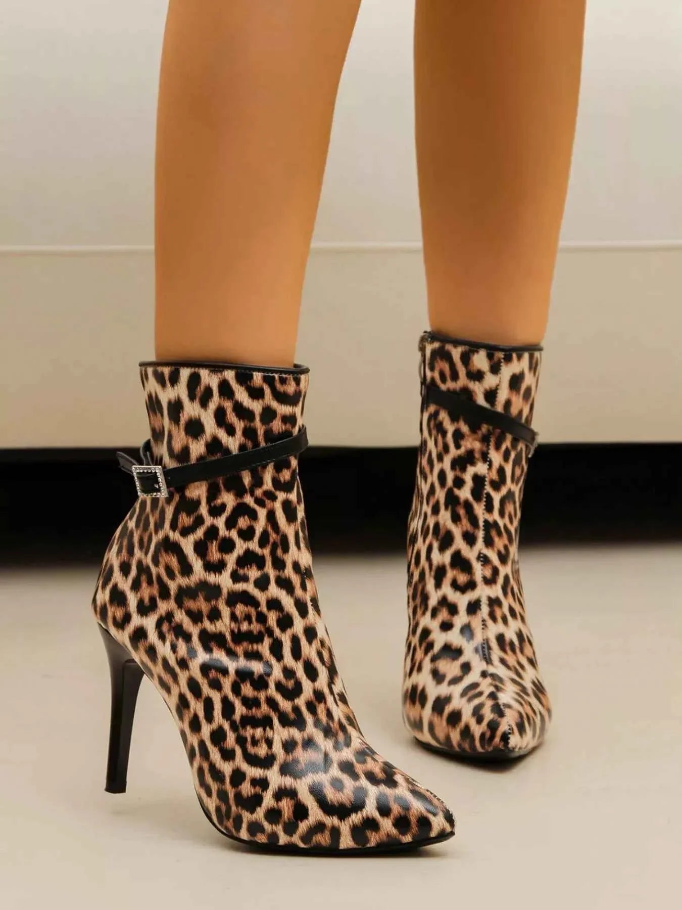 Pointed Toe Stiletto Heel Buckle Ankle Boots : High Heel Mid Calf Zipper