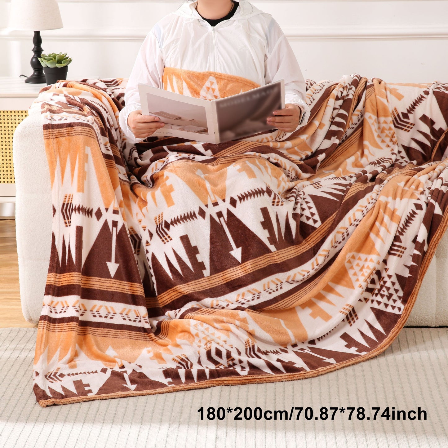 1pc Southwest Native American Flannel Polyester Throw Double-side Printed Blanket, Aztec Geometry Pattern Travel Couch Bed Blanket Plush Soft Lightweight Blanket For All Season